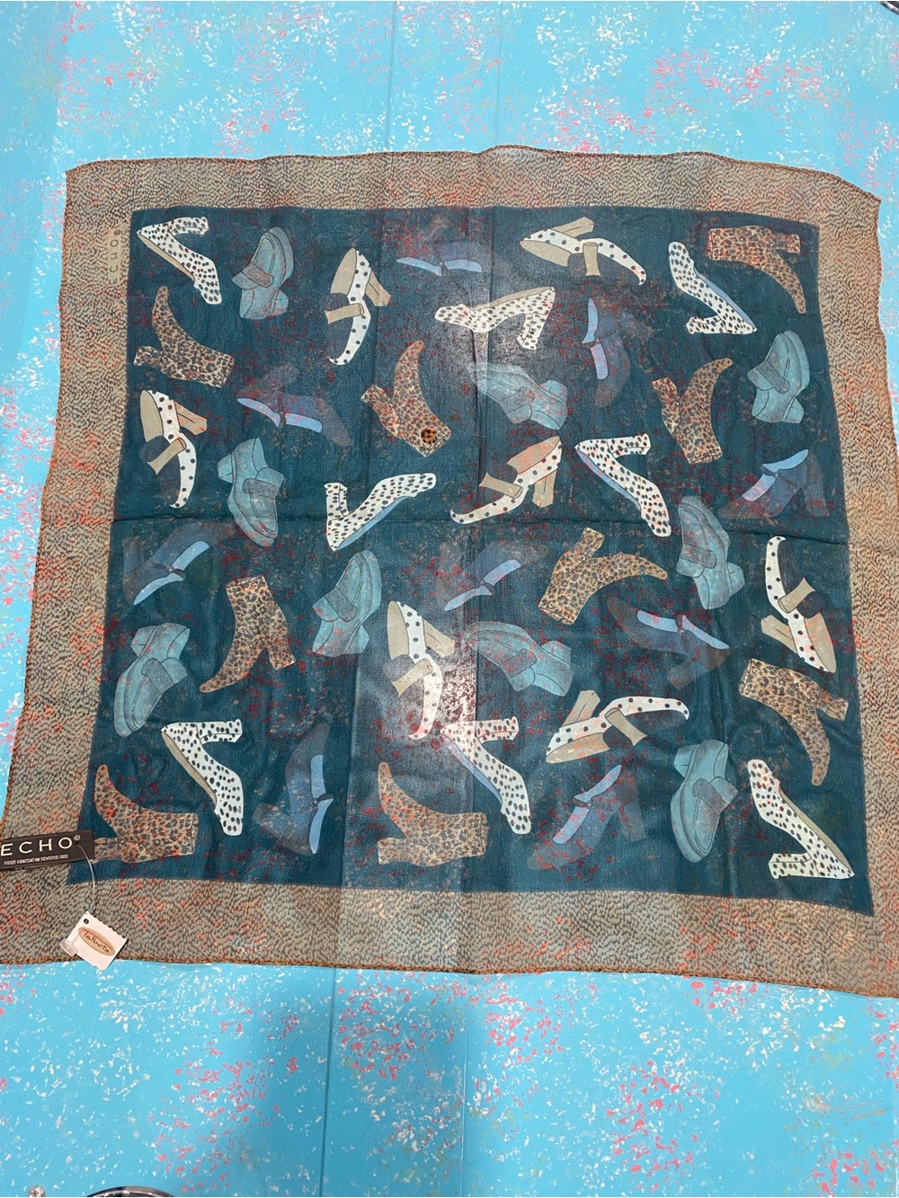 Talbots Teal and Brown Silk Shoe Print Square (20”x 21”) Scarf